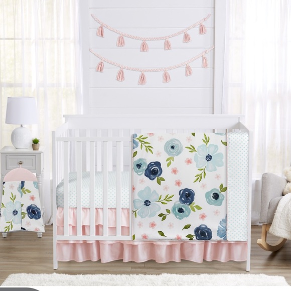Sweet Jojo Designs Navy Blue and Pink Watercolor Floral Nursery Crib Bedding Set - Picture 1 of 11